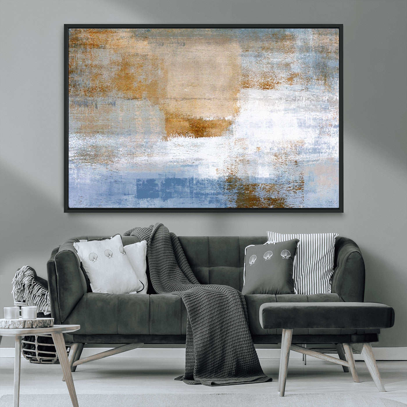 72354-MGV-CV-36X24-Blue Multi Panel Abstract Wall Art Canvas, Abstract Blue and Gold Canvas Print