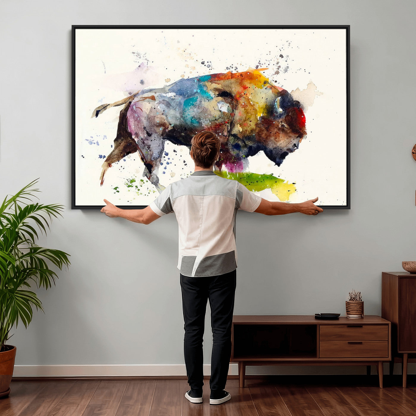 44504-MGV-CV-36X24 - Abstract Buffalo Wall Art, Western Watercolor Bison Canvas Print, Rustic Buffalo Art for Cowboy and