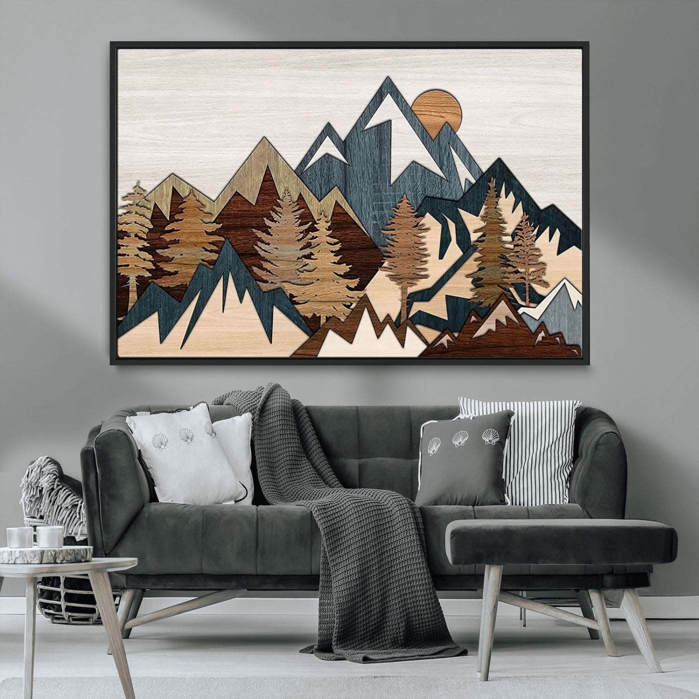 67950-MGV-CV-36X24-Rustic Abstract Wood Panel Effect Canvas Mountain Range Top Wood Wall Art Canvas Print