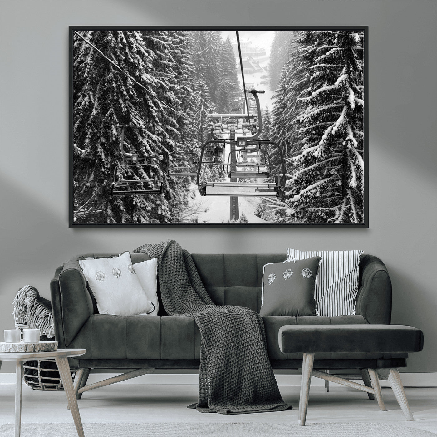 19240-MGV-CV-36X24-Winter Ski Lift Black and White Canvas Wall Art – Alpine Escape in Minimalist Style – Winter Ski
