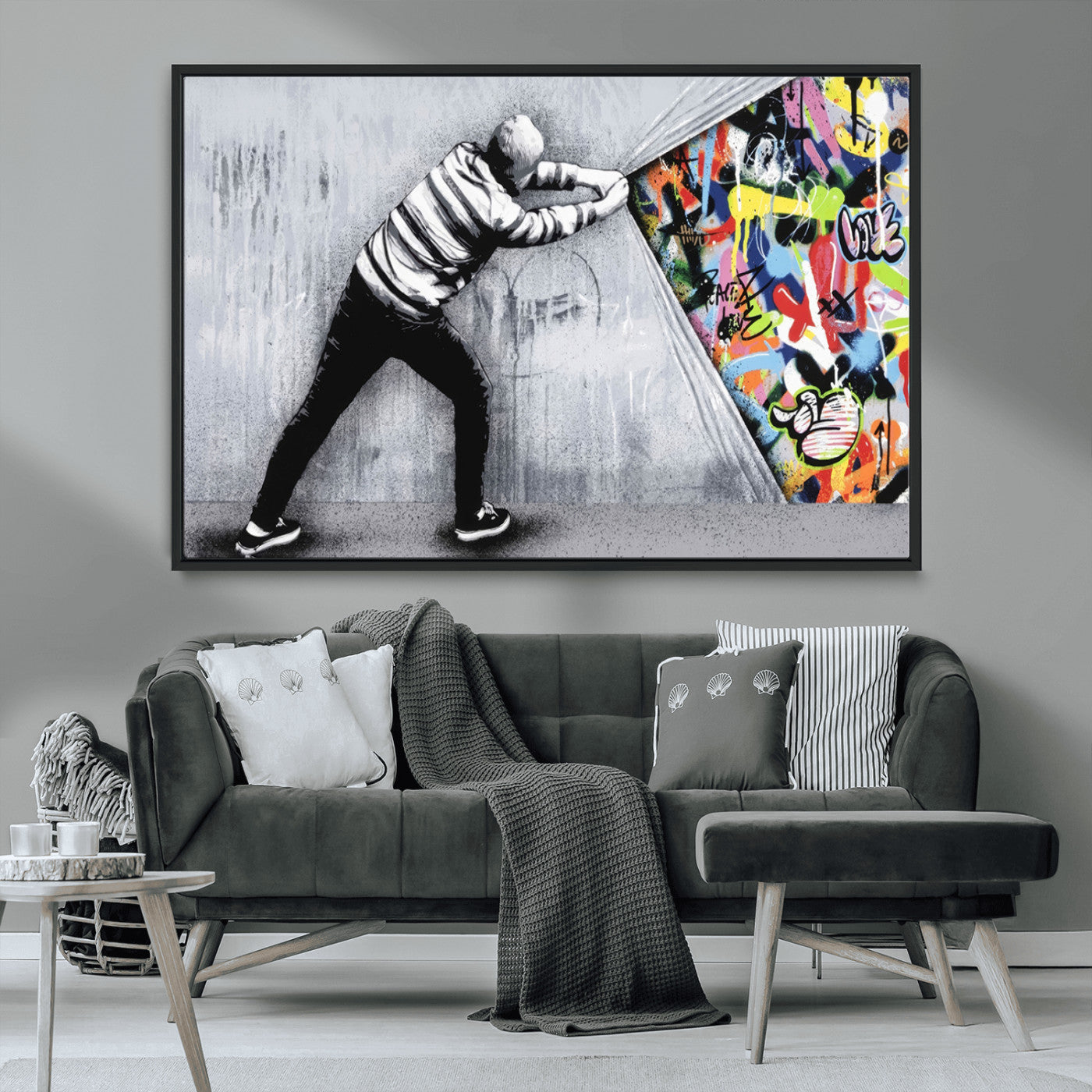 52252-MGV-CV-36X24-Banksy Art Behind the Curtain Street Wall Art Canvas Print | 3-Panel Urban Graffiti-Inspired Wall