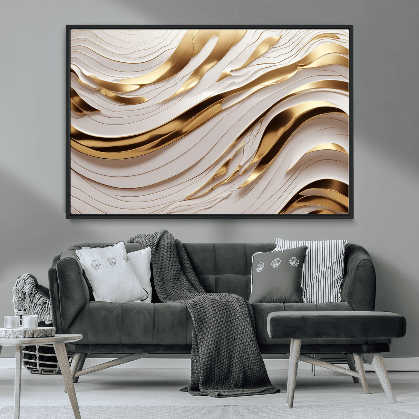 81197-MGV-CV-36X24-Gold and White Abstract Wave Canvas – Elegant Flowing Design with Luxurious Golden Accents –