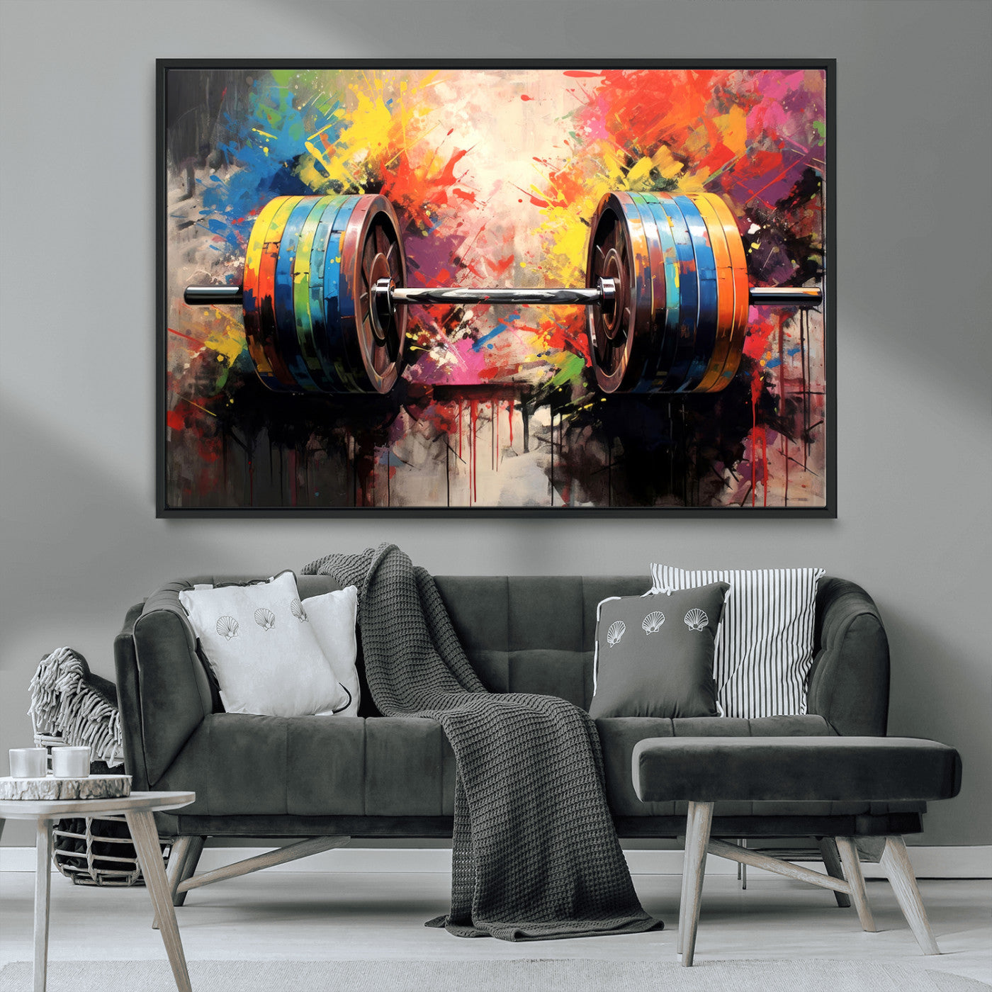 80436-MGV-CV-36X24-Weightlifting Barbell Art Triptych, Bold Abstract Fitness Wall Decor for Gym or Home, Giclee Canvas