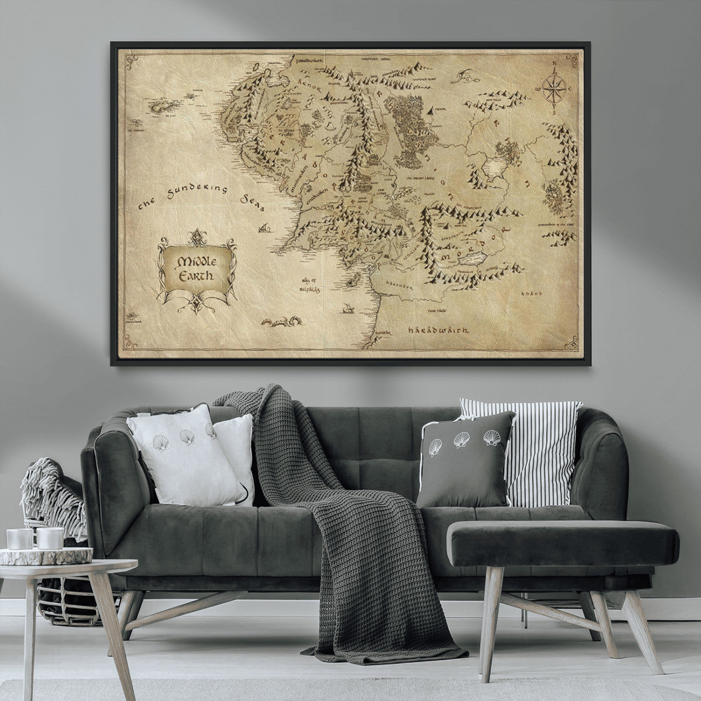 21784-MGV-CV-36X24-Vintage Middle Earth Map Wall Art Canvas – Lord of the Rings Inspired Framed Map Print, Classic Fantasy Decor for Home, Office