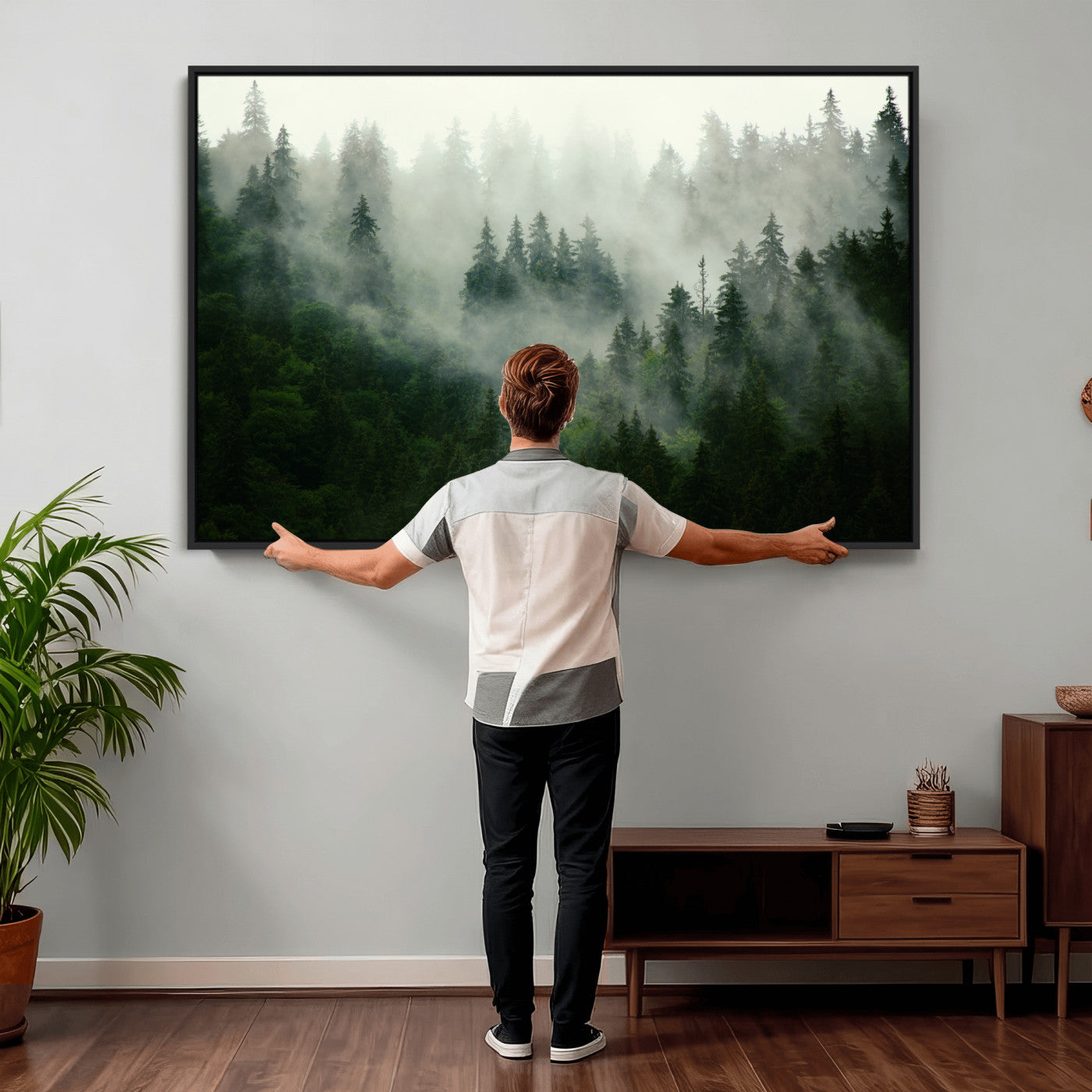 167720496-MGV-CV-36X24 - Misty Forest Mountain Wall Art Canvas | Large 3-Panel Foggy Landscape Canvas Print | Nature Misty