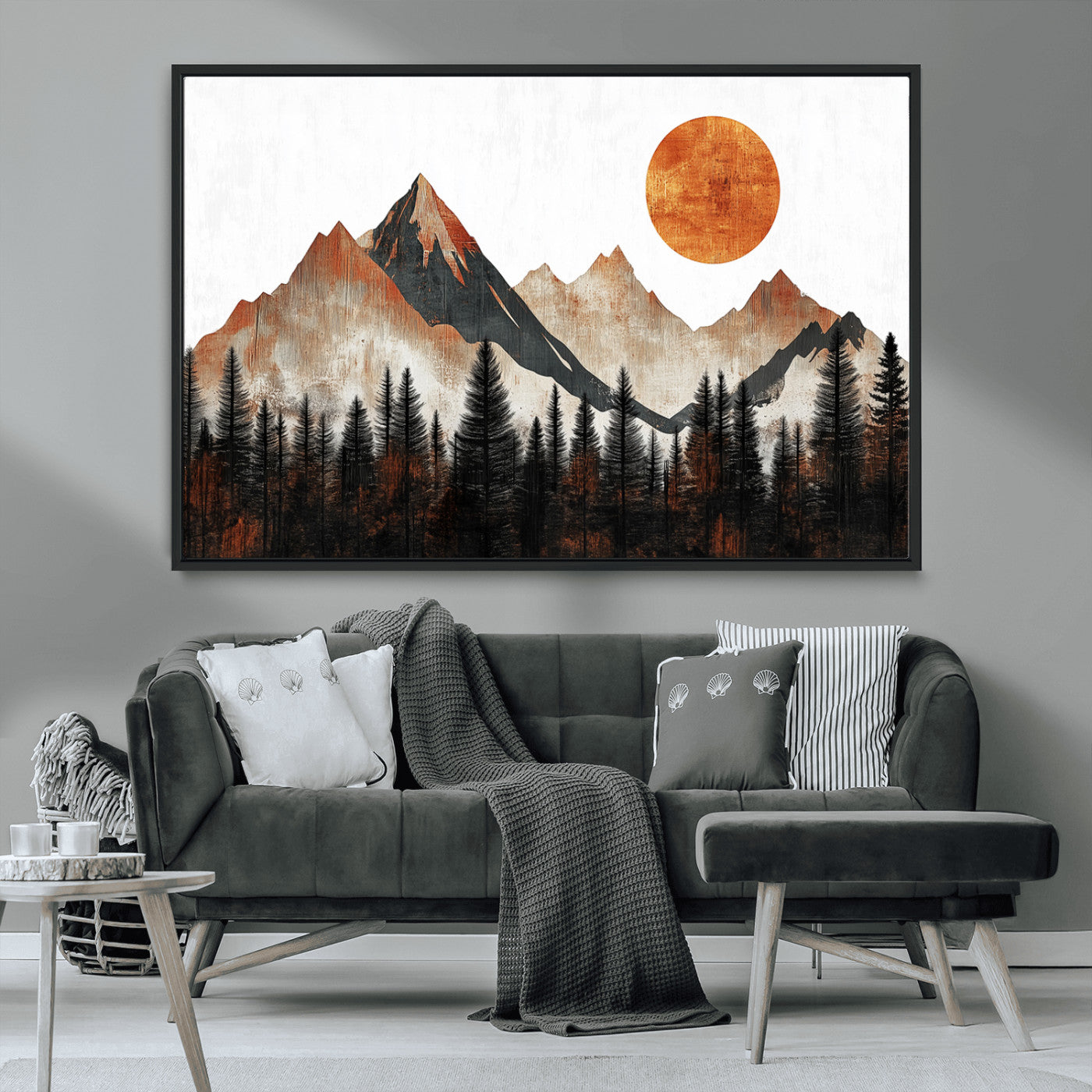 71366-MGV-CV-36X24-Modern Abstract Mountain Canvas Wall Art Print, Abstract Landscape Print, Rustic Sun and Mountains