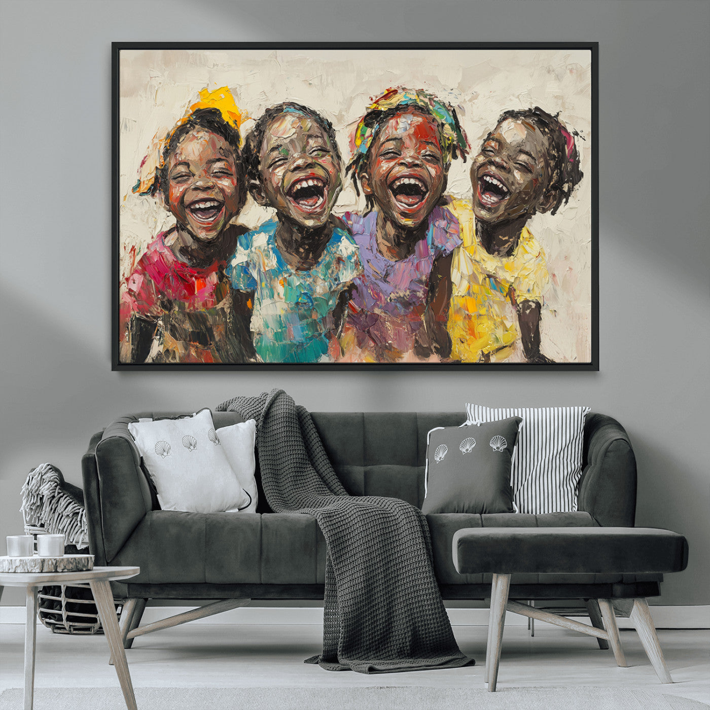 93034-MGV-CV-36X24-Shai Yossef style Joyful Childhood Canvas Wall Art - Expressive Impasto Painting of Black Children