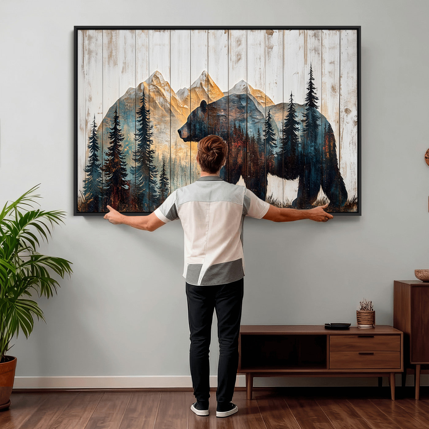 90077-MGV-CV-36X24 - Rustic Bear Wall Art - Grizzly 399 Bear Wall Art - Mountain Wood Canvas Wall Art - Nature Theme