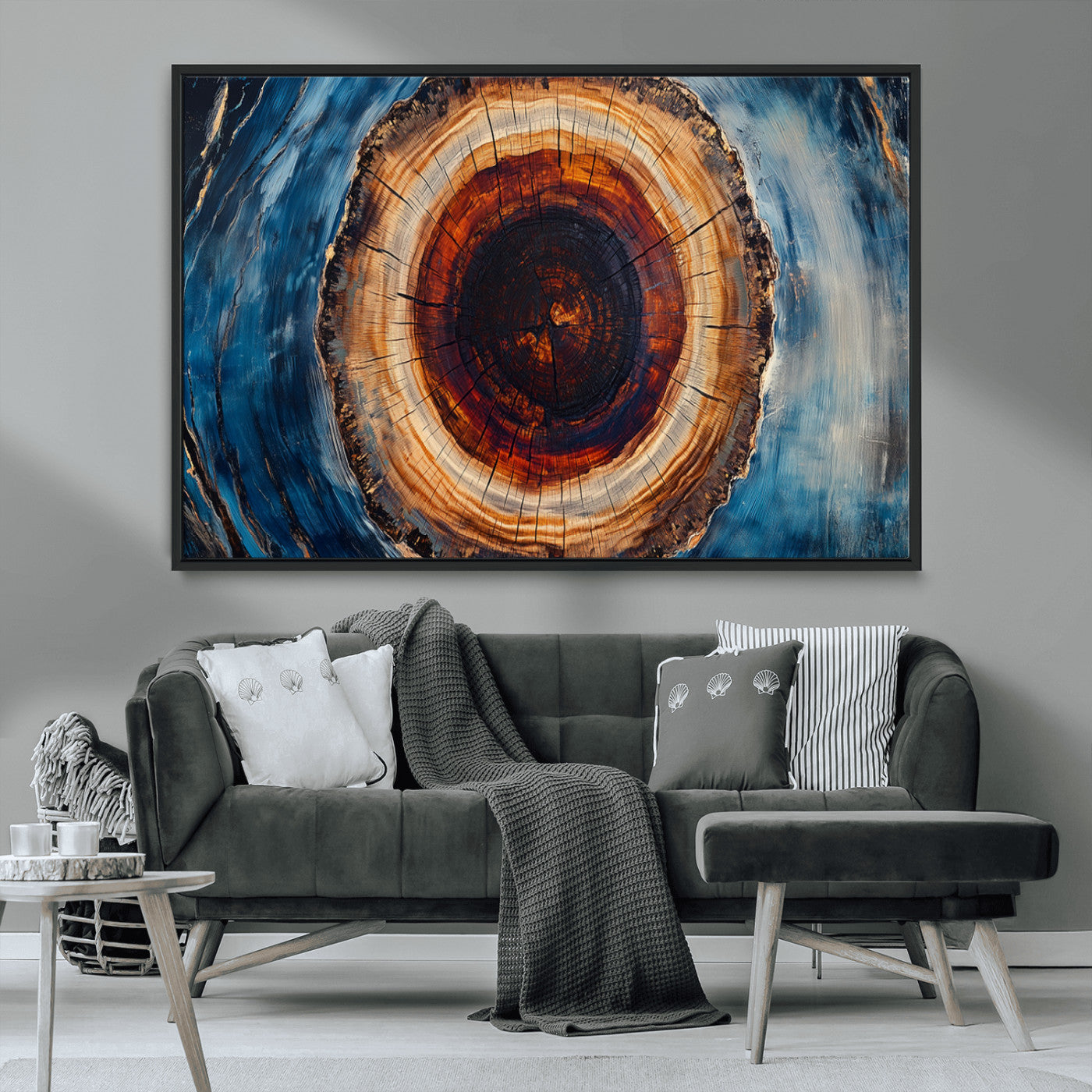 30457-MGV-CV-36X24-Framed Abstract Tree Ring Wall Art Print, Natural Rustic Wood Texture Canvas Print, Wood Tree Stump