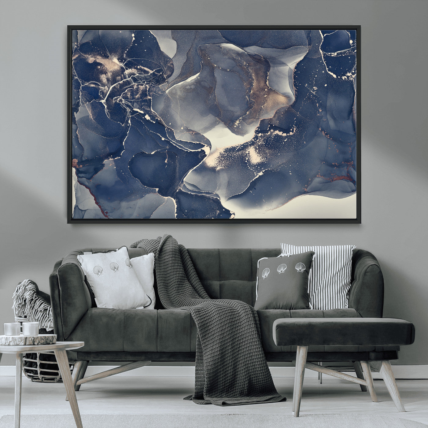 28282-MGV-CV-36X24-Large Abstract Blue and Gold Canvas Wall Art | Fluid Ink Artwork Print | Luxury Wall Decor for