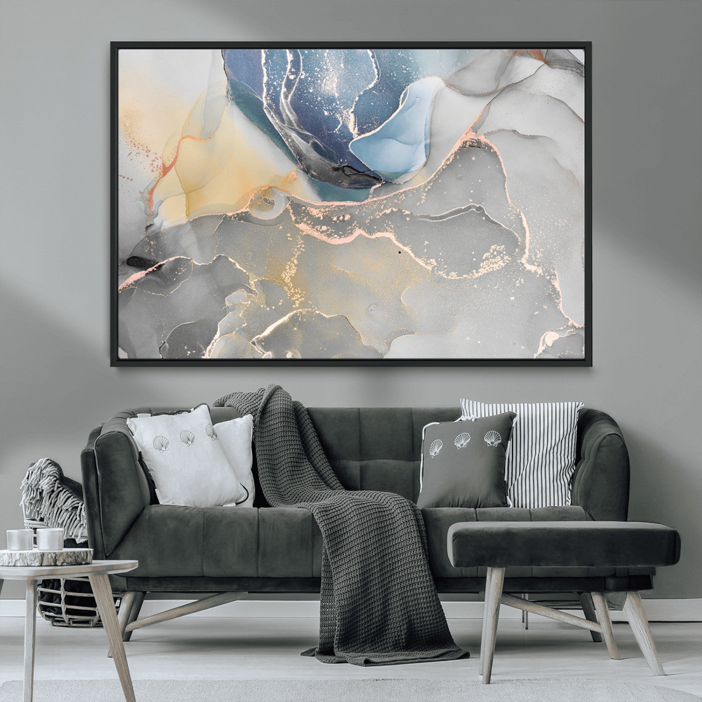 18176-MGV-CV-36X24-Large Abstract Blue and Gold Canvas Wall Art | Fluid Ink Artwork Print | Luxury Wall Decor for