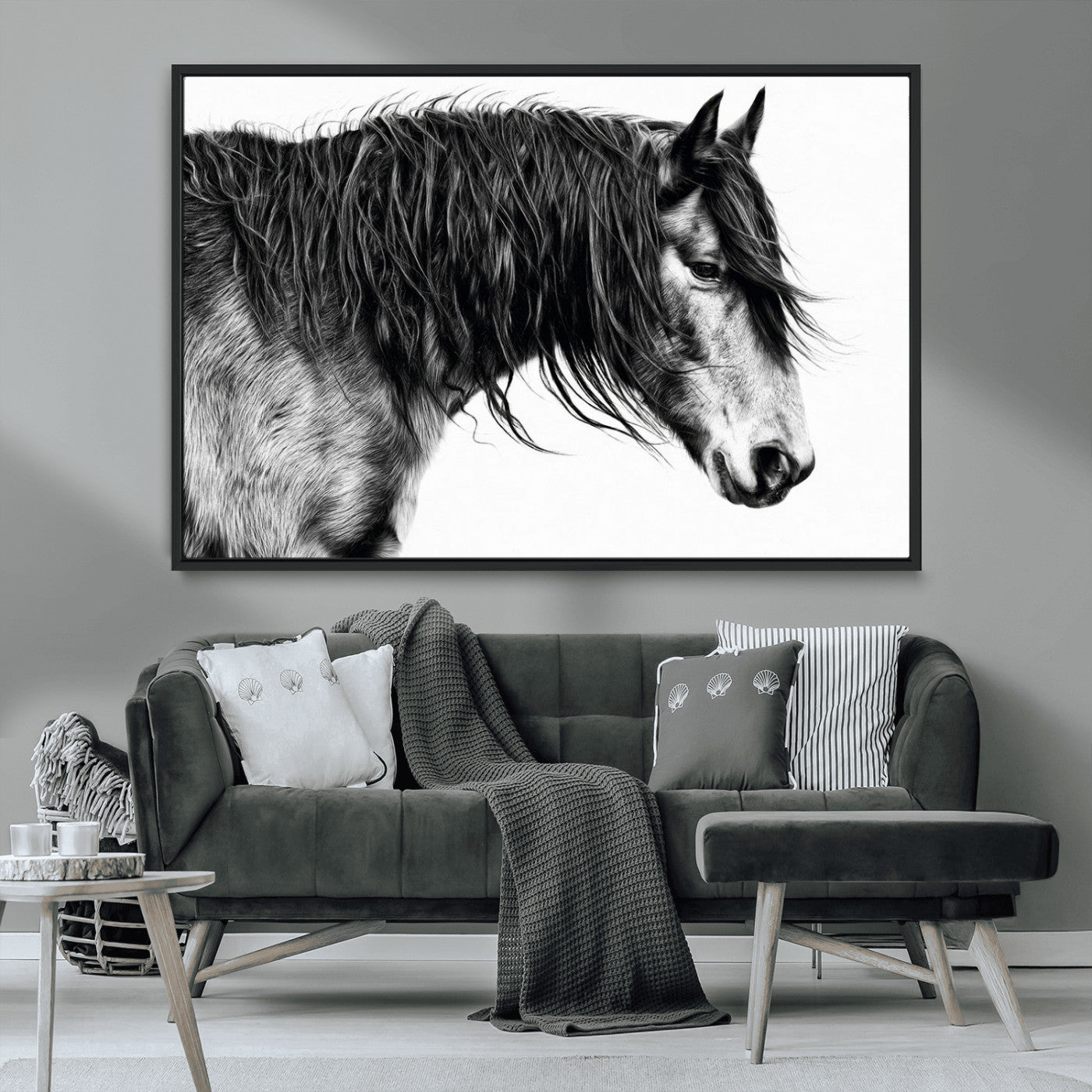 MGV-FC-36X24 - Majestic Horse Wall Art – Black and White Canvas Print, Graceful Animal Portrait, Elegant Wildlife Decor for Home, Office or Guest Room