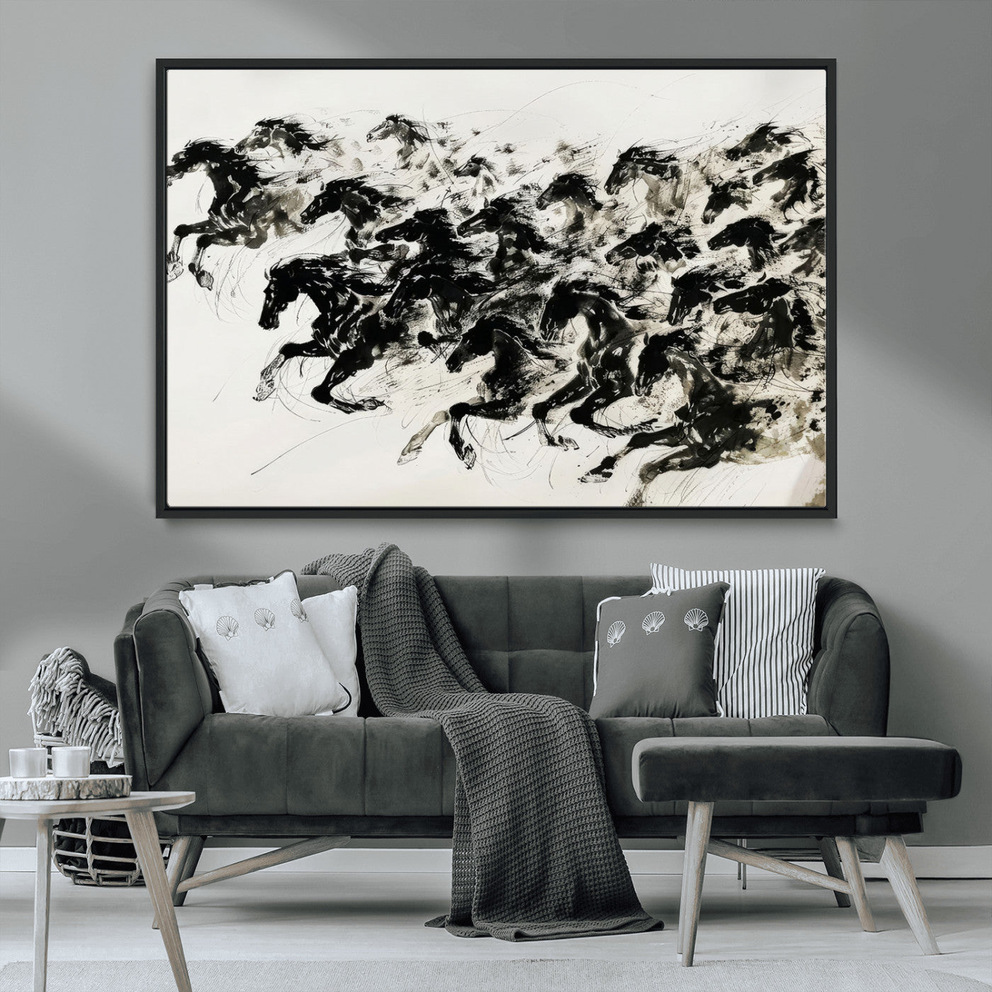 23069-MGV-CV-36X24-Abstract Horse Wall Art Canvas Print - Dynamic Black Ink Horse Print - Modern Equine Wall Decor for