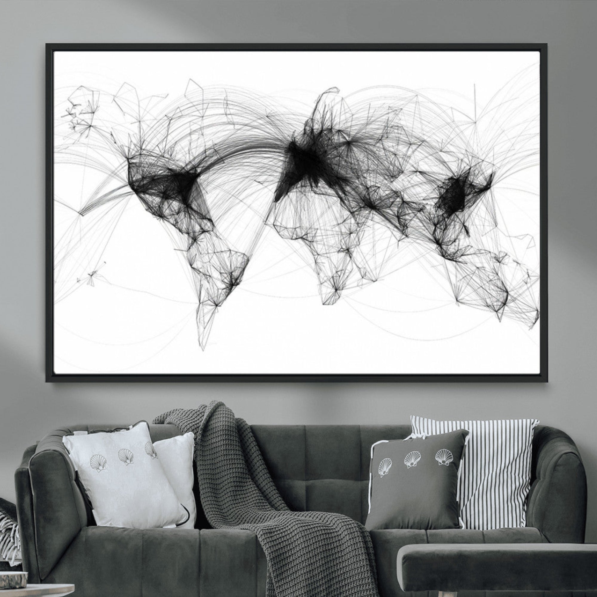 50136-MGV-CV-36X24-Abstract World Map Wall Art – Framed Geometric Line Canvas Artwork, Modern Global Design, Contemporary Decor for Home, Office