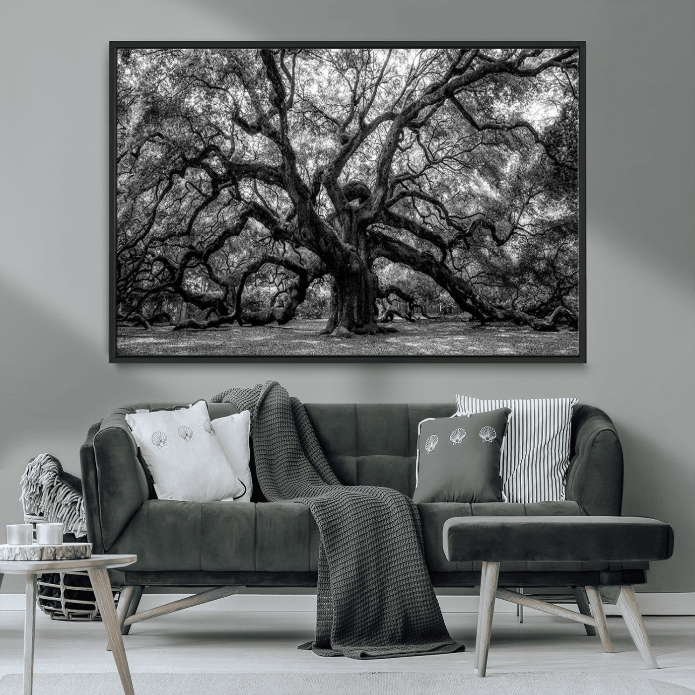 -Black and White Old Angel Oak Tree Wall Art Canvas Print