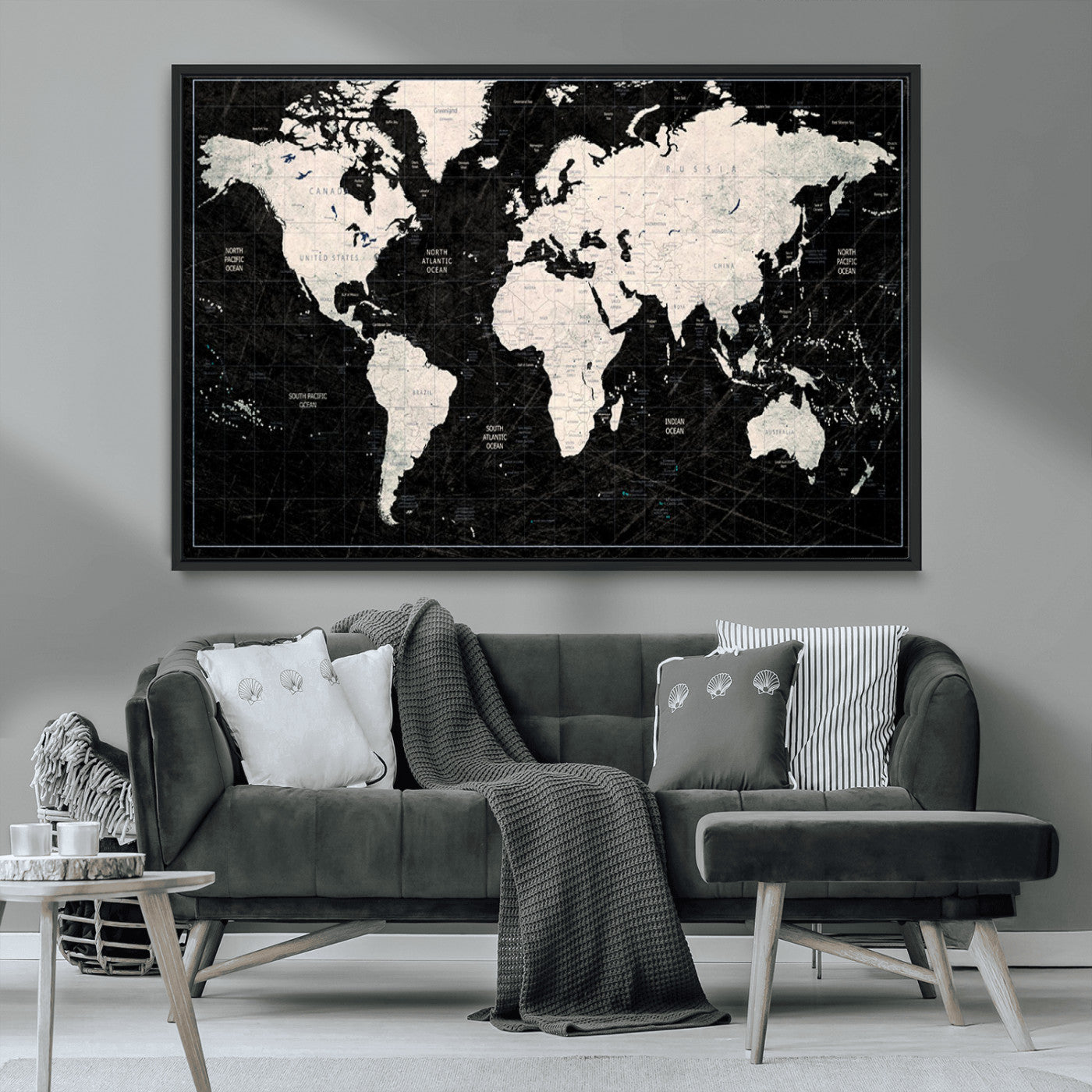 N50Black-MGV-CV-36X24-Push Pin World Map Canvas Print – Framed Travel Tracker Wall Art for Couples, Anniversary Gift and Elegant Home Decor