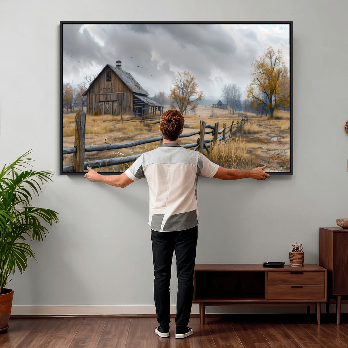 Farm1-MGV-CV-36X24 - Rustic Autumn Farmhouse Wall Art Canvas Print – Serene Countryside Scene with Weathered Barn and