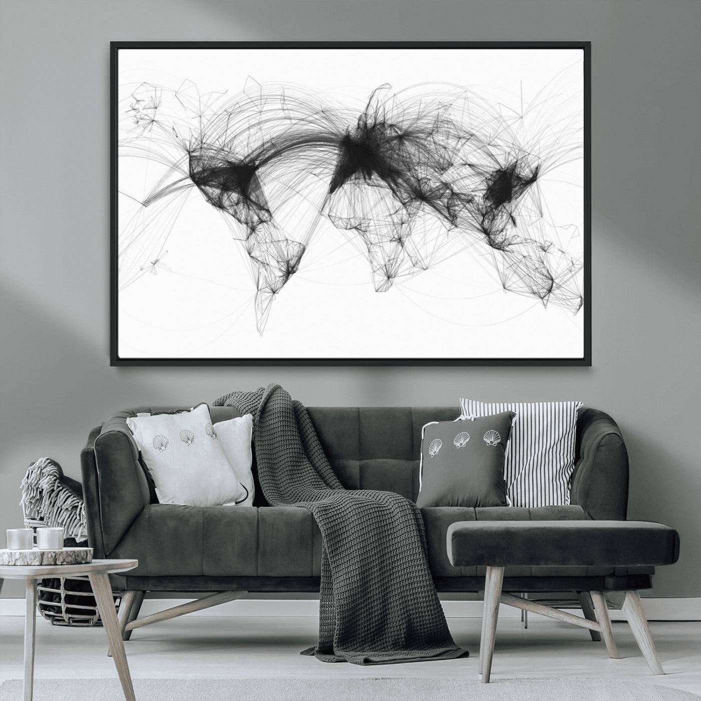Black-Flight-Routes-MGV-CV-36X24-Flight Routes Air Traffic Map Canvas Wall Art - Framed - Ready to Hang