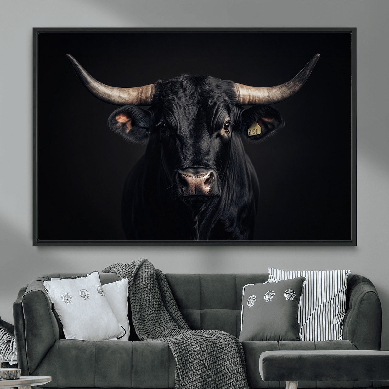 MGV-FC-36X24 - Black Bull Wall Art – Framed Horned Bull Canvas Artwork, Western Cattle Design, Rustic Ranch Style Decor for Home, Office
