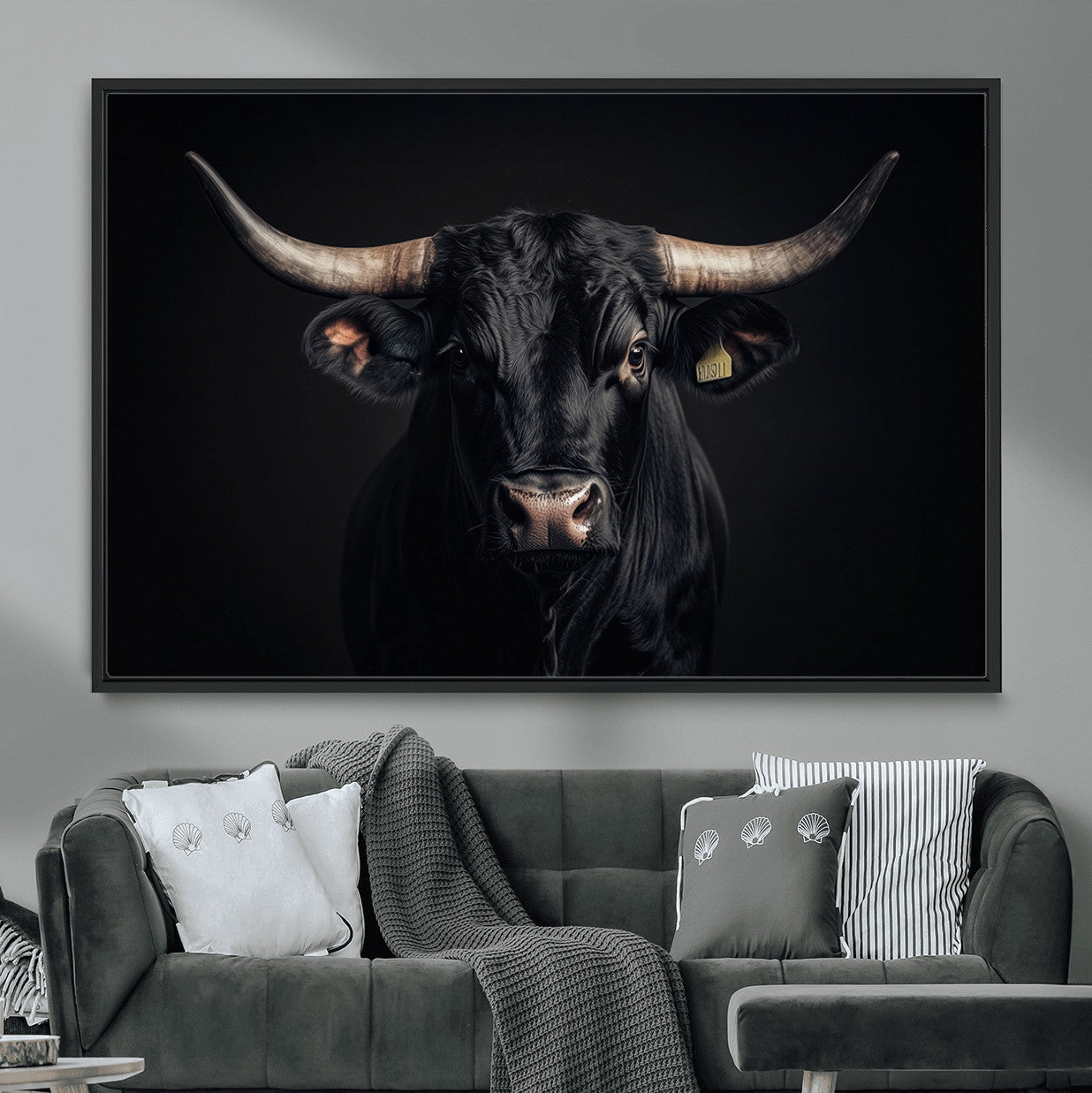 MGV-FC-36X24 - Black Bull Wall Art – Framed Horned Bull Canvas Artwork, Western Cattle Design, Rustic Ranch Style Decor for Home, Office