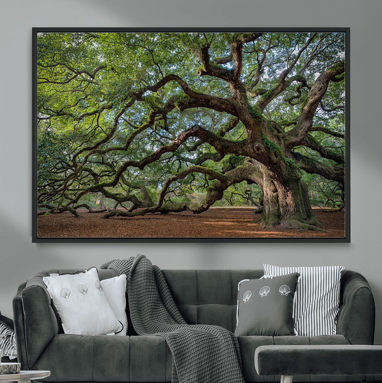 94886260-MGV-CV-36X24-Historic Tree Wall Art – Framed Mossy Branch Canvas Artwork, Twisted Woodland Design, Rustic Nature Decor for Home, Office