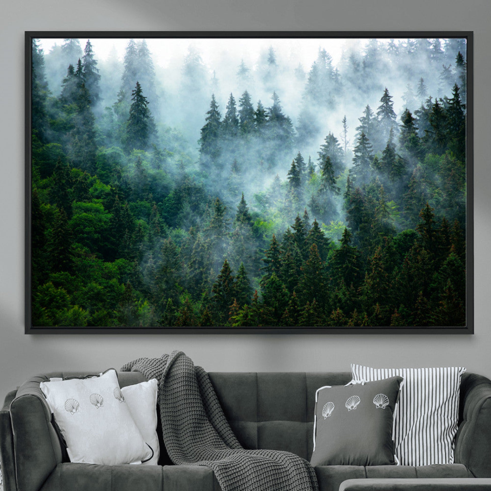 17393683-MGV-CV-36X24-Misty Forest Wall Art Canvas Print – Framed Foggy Mountain Scene with Serene Nature Artwork for Home, Office, Living Room