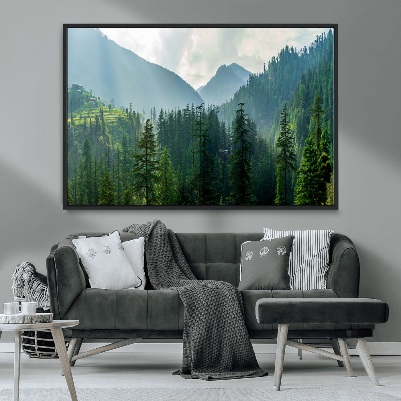 83417191-MGV-CV-36X24-Misty Forest Mountain Wall Art Canvas Print – Framed Serene Nature Scene with Tranquil Valley Artwork for Home, Office