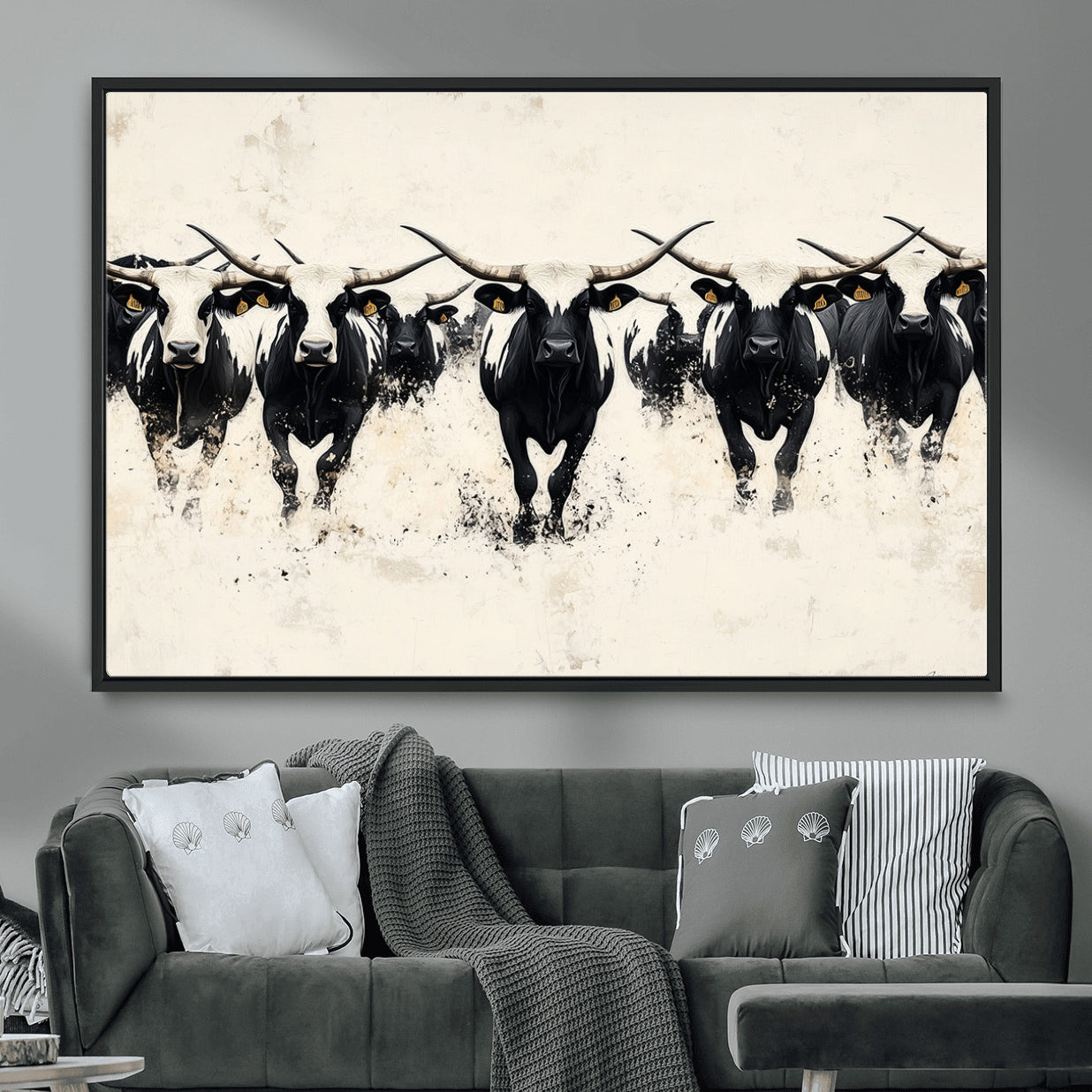MGV-FC-36X24 - Longhorn Cattle Wall Art – Canvas Print of Herd in Motion, Symmetry and Ink Splatter, Minimalist Western Ranch, Bold Rustic Farm Decor