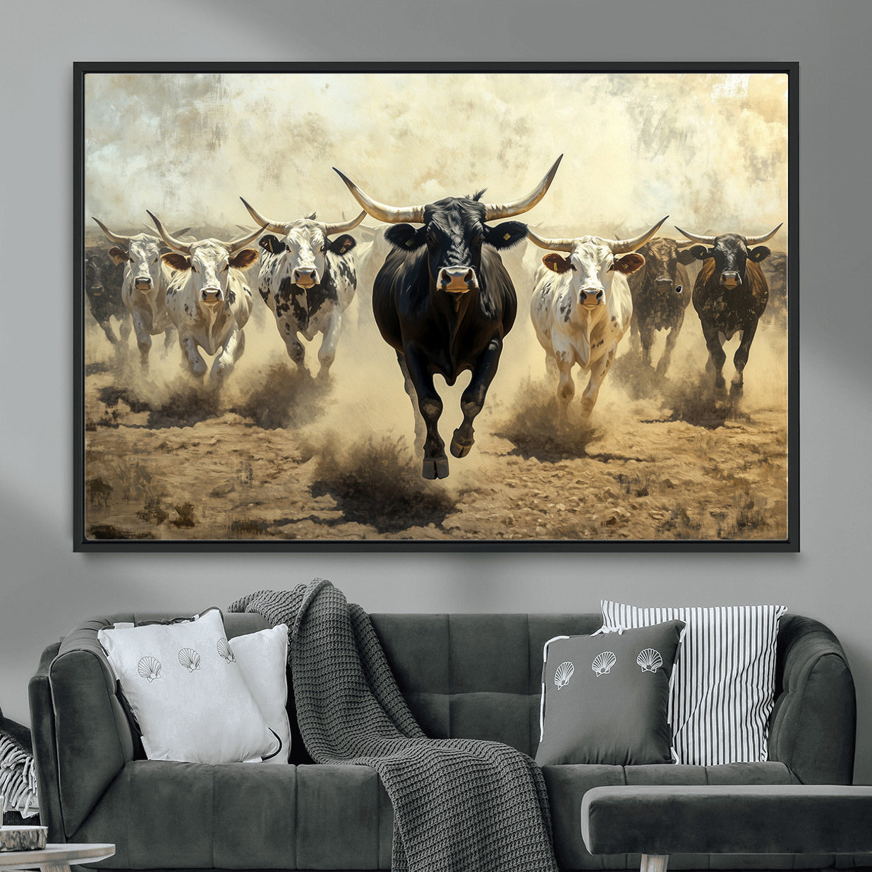 MGV-FC-36X24 - Running Cattle Wall Art – Canvas Print of Western Herd, Dust Stampede, Longhorns, Wild West Ranch, Bold Rustic Farm Decor for Home or Office