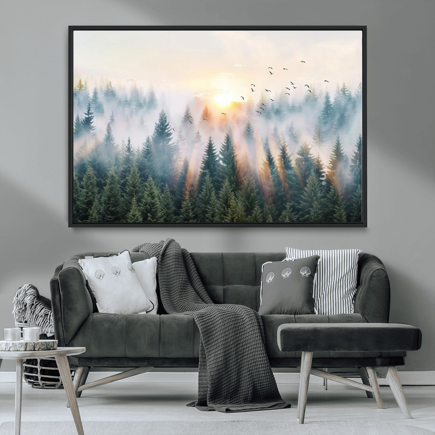 92718976-MGV-CV-36X24-Misty Pine Forest Wall Art Canvas, Sunrise Over Foggy Trees Canvas for Home - Office, Framed