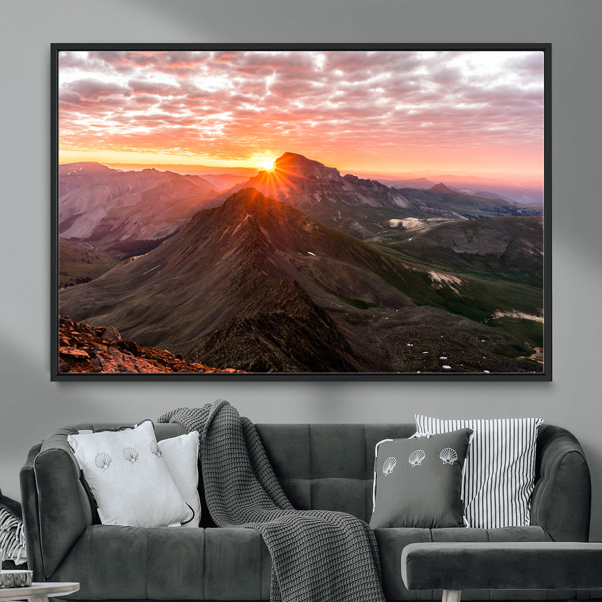 50957419-MGV-CV-36X24-Mountain Sunrise Wall Art – Framed Alpine Ridge Canvas Artwork, Golden Peak Design, Scenic Nature Decor for Home, Office
