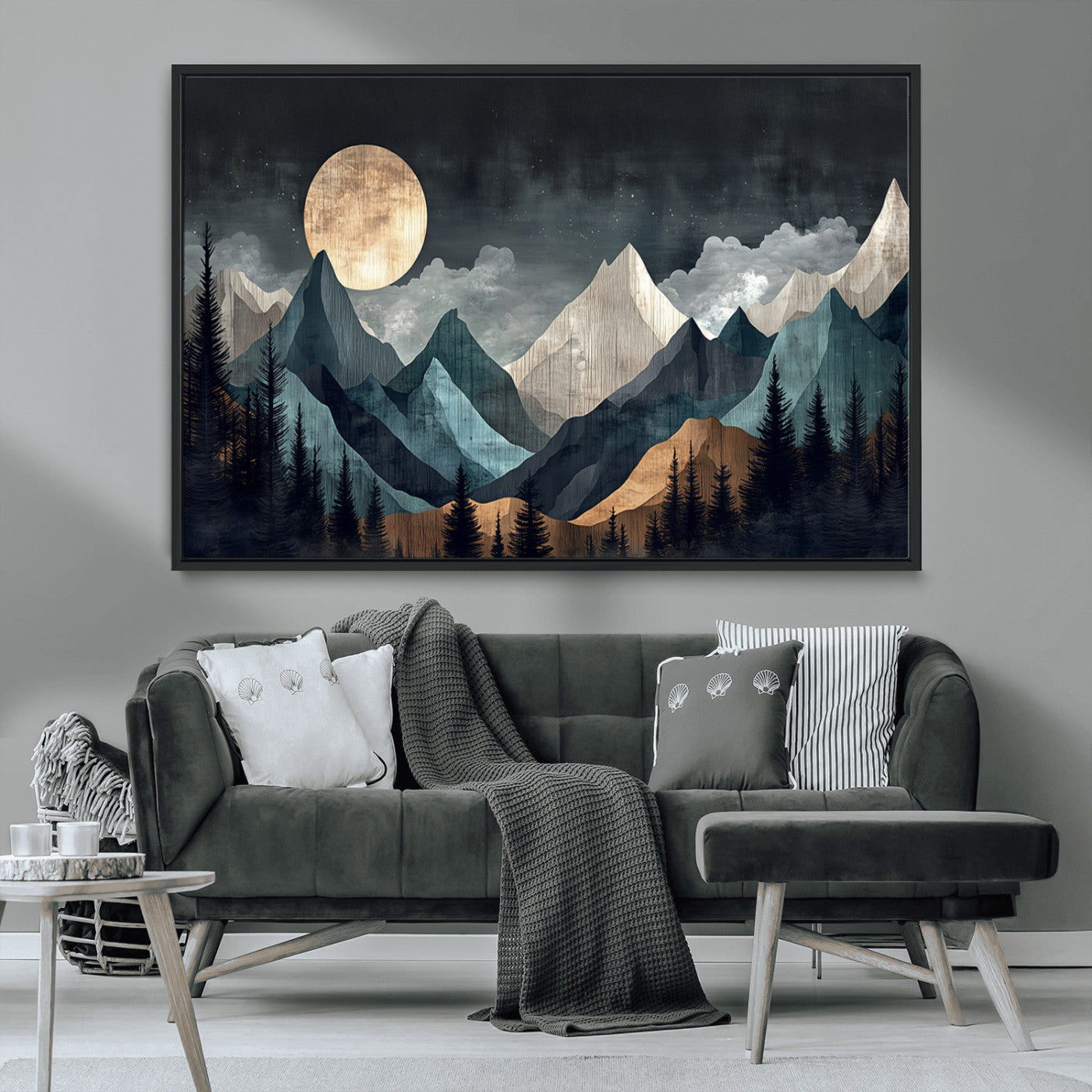 11060882-MGV-FC-36X24_Black-Moonlit Mountain Wall Art Canvas Print – Silhouetted Pines Layered Peaks Tranquil Sky Mist Silver Light Nature Artwork for Home