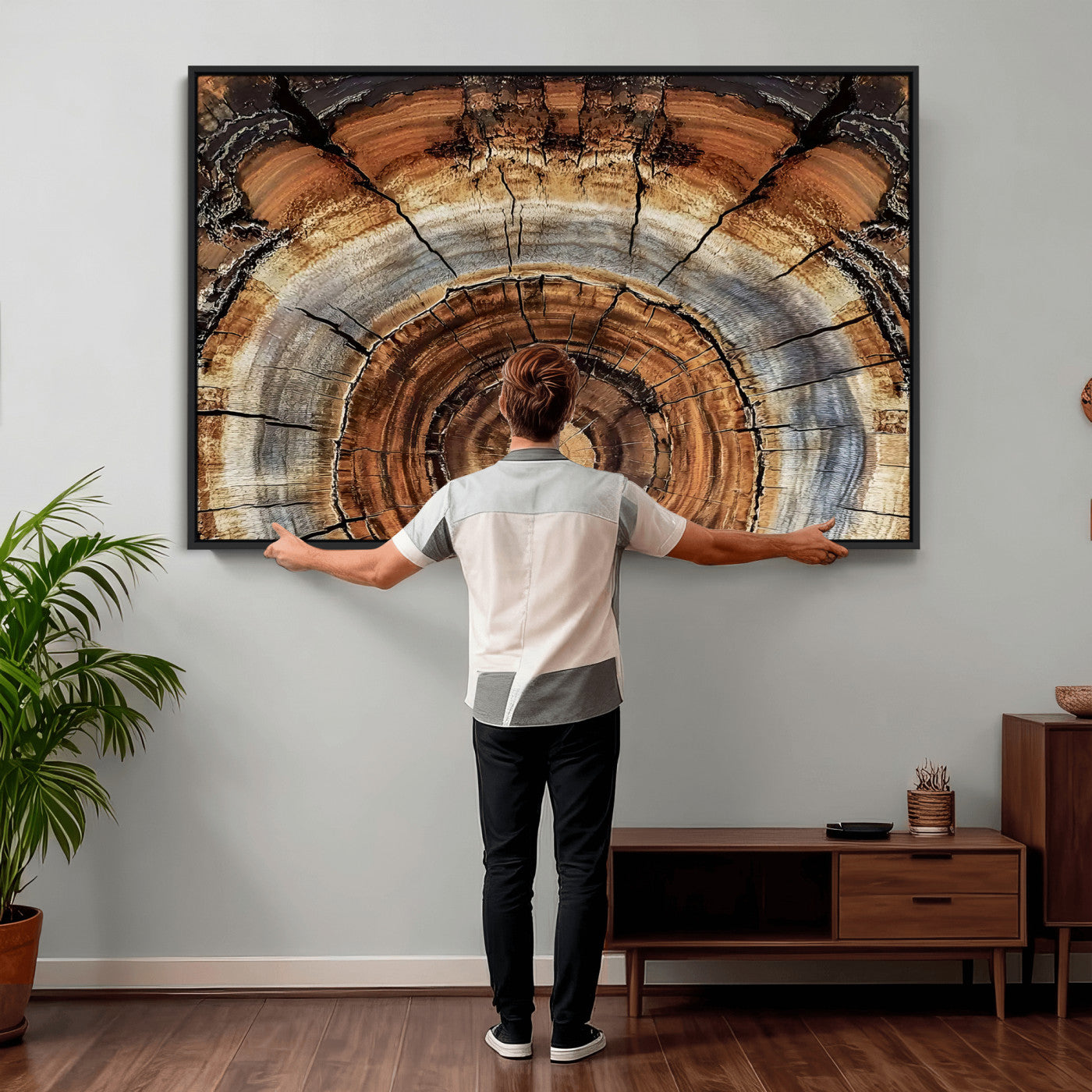 15184146-MGV-CV-36X24 - Tree Rings Wall Art Canvas Print, Framed Wood Texture Art Picture Print, Rustic Pattern Perfect Rustic Organic Decor Artwork
