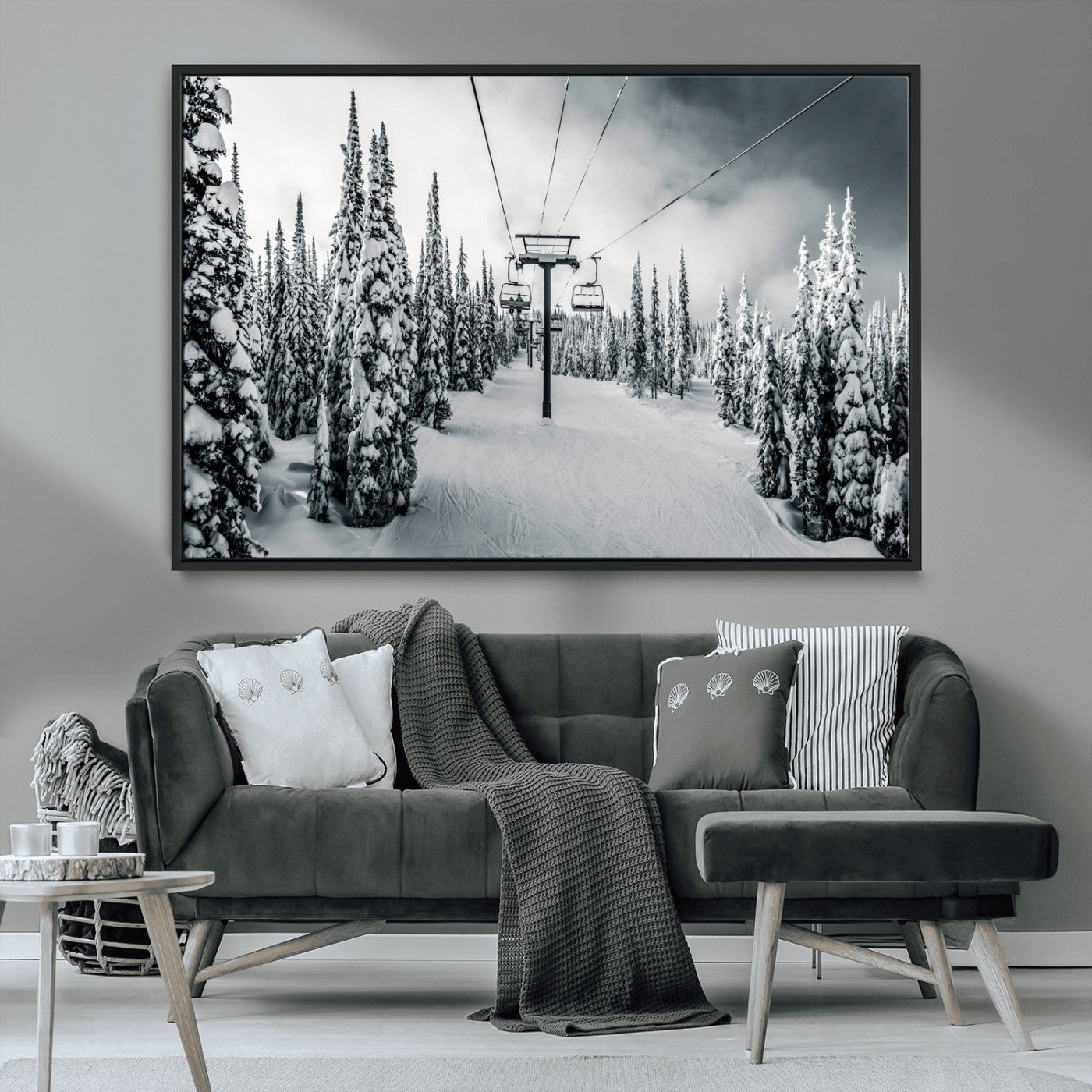 31156828-MGV-CV-36X24-Snowy Pines Wall Art Canvas Print – Framed Ski Lift Winter Forest Snowy Landscape Moody Lodge Artwork for Home, Office