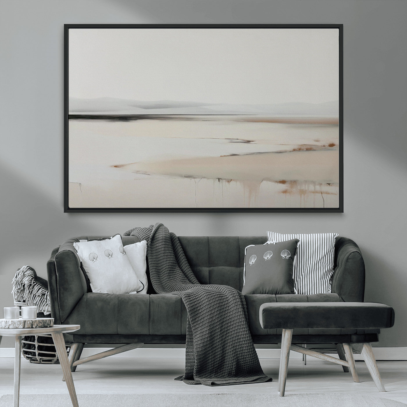 89410095-MGV-CV-36X24-Minimalist Landscape Wall Art Canvas Print – Framed Soft Horizon Abstract Seascape Earthy Tones Artwork for Home Office