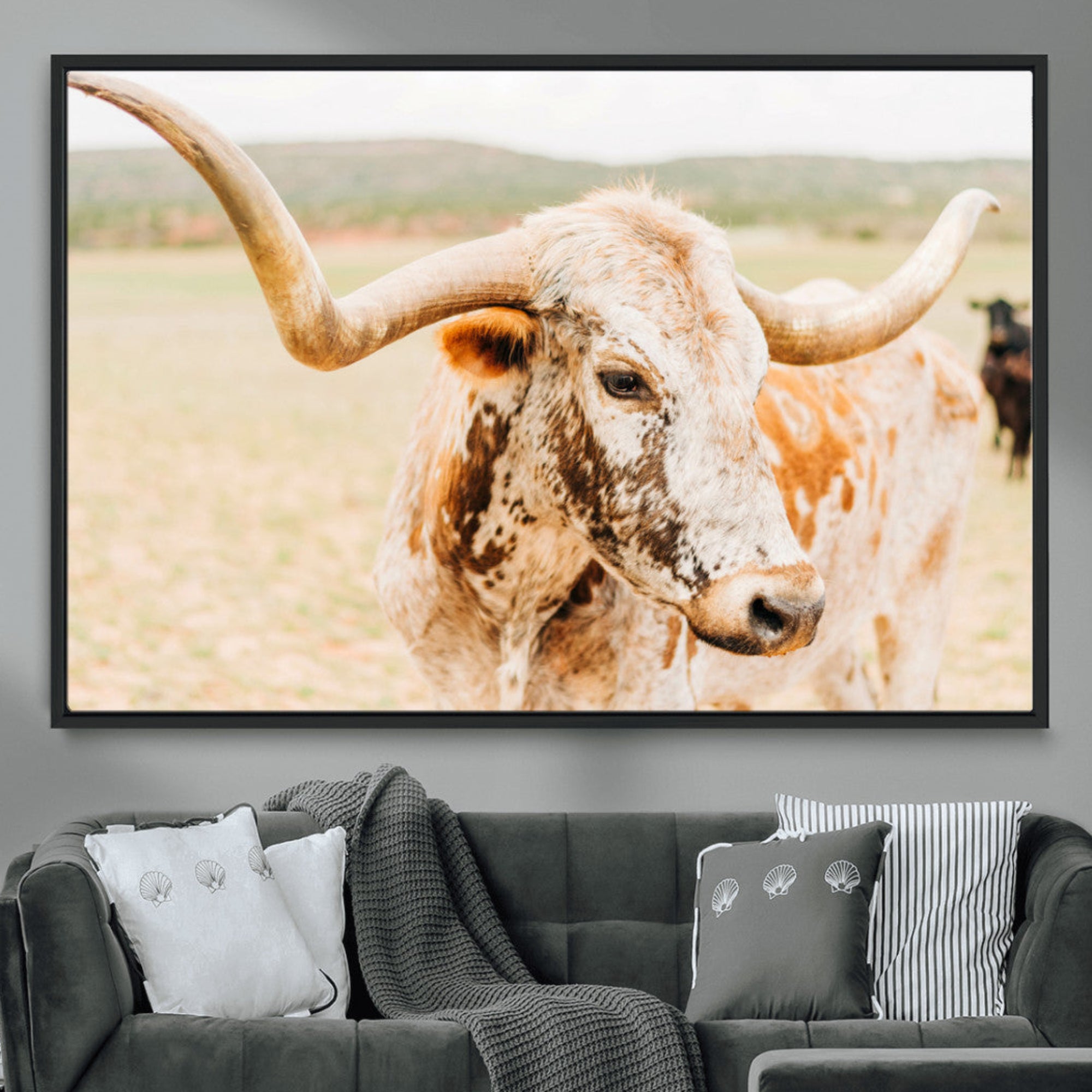 -Texas Longhorn Wall Art Canvas Print, Framed Spotted Cow Art Picture Print, Horned Cattle Perfect Rustic Western Decor Artwork