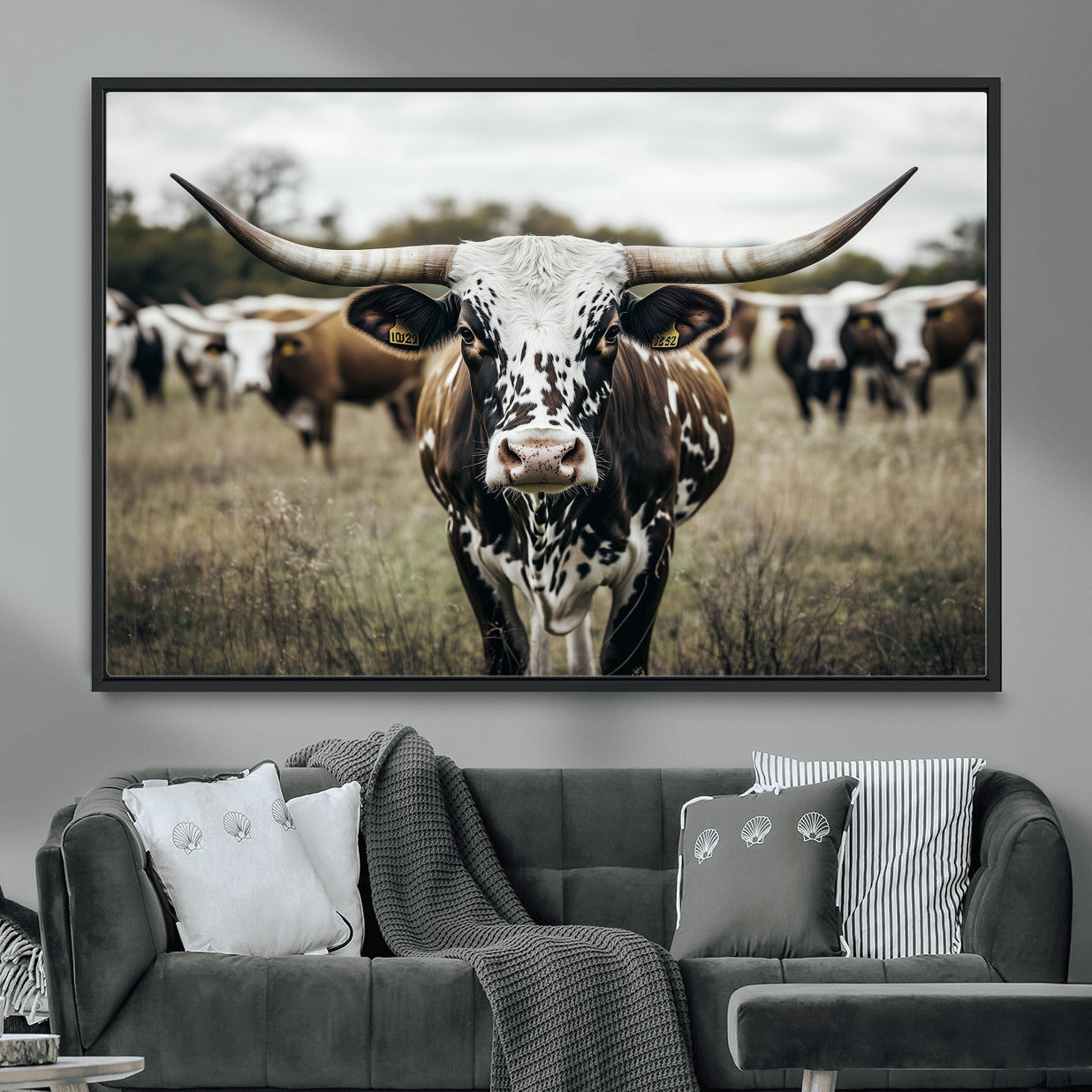 MGV-FC-36X24 - Majestic Longhorn Cow Wall Art – Canvas Print of Intricate Fur & Sharp Horns Earthy Tones Serene Landscape, Rustic Charm Decor for Living Room, Office or Bedroom