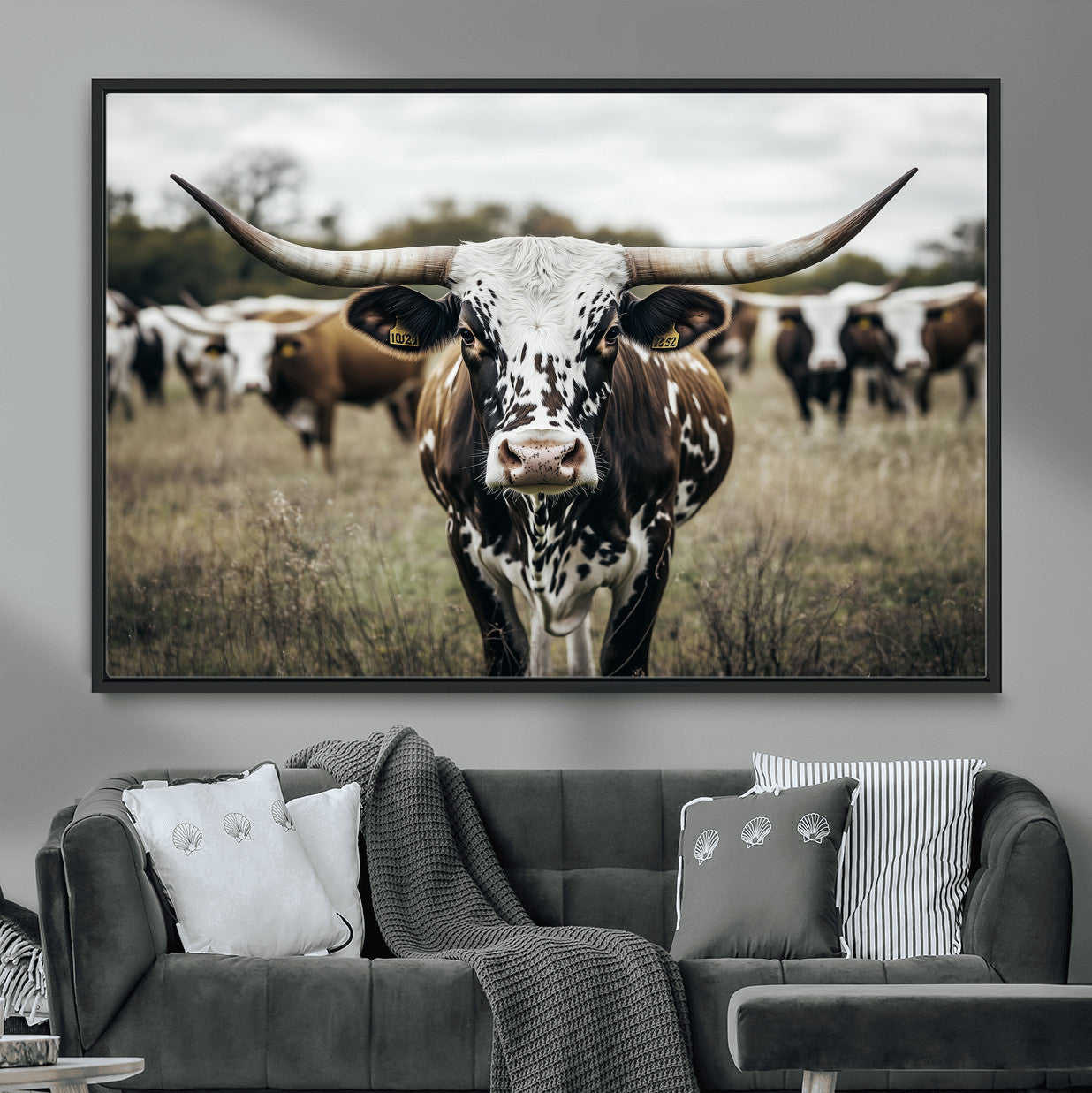 79025945-MGV-CV-36X24-Texas Longhorn Wall Art – Framed Speckled Cow Canvas Artwork, Horned Cattle Design, Western Ranch Decor for Home, Office