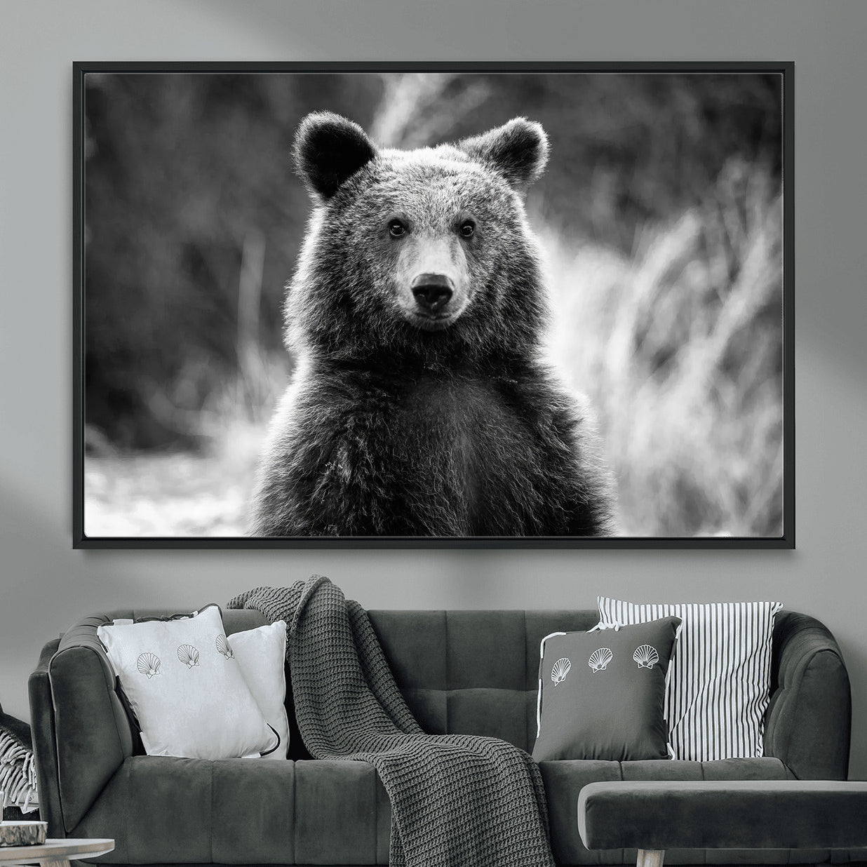 55656803-MGV-CV-36X24-Grizzly Bear Wall Art Canvas Print – Framed Black White Wildlife Rustic Nature Artwork for Home, Office Decor