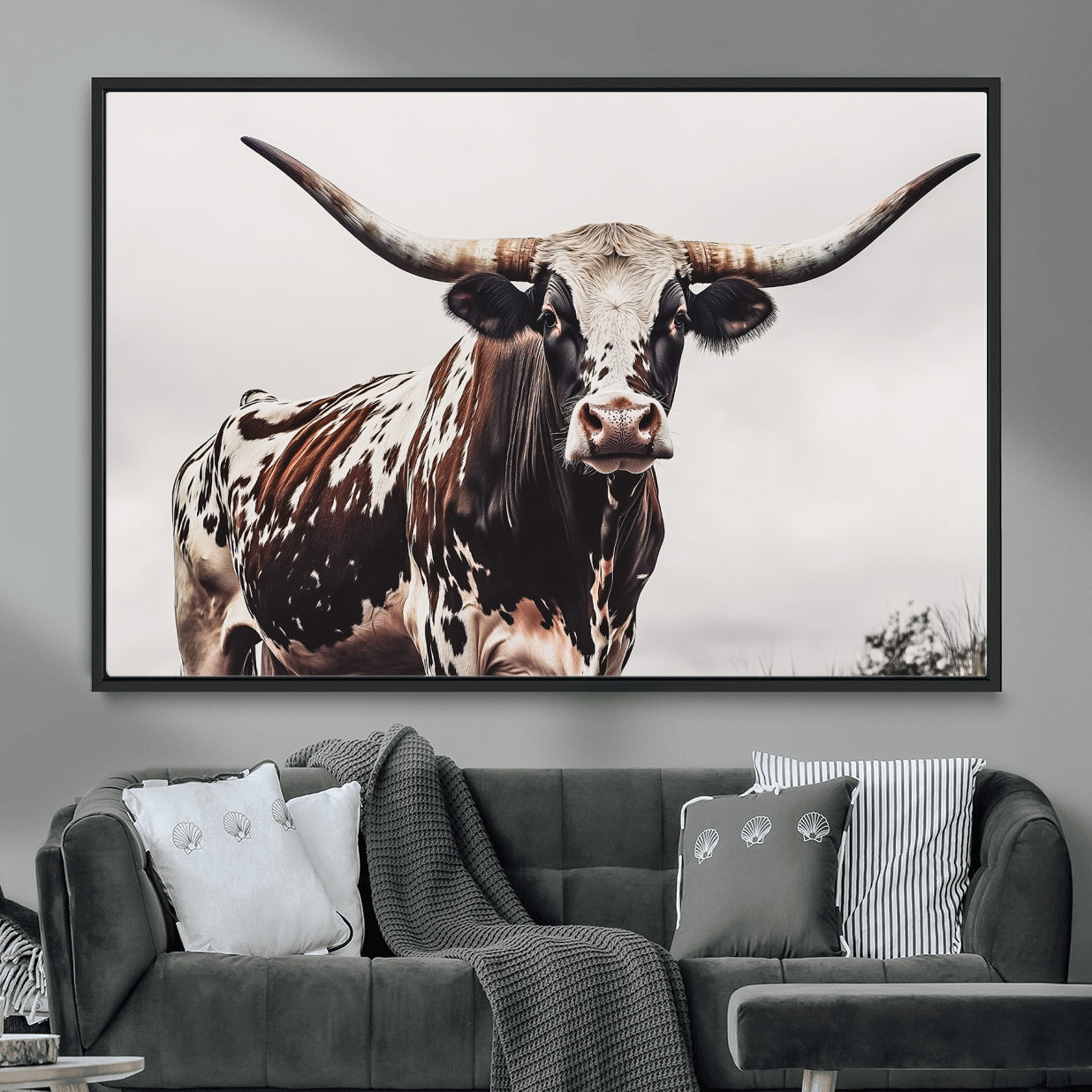 95249234-MGV-CV-36X24-Texas Longhorn Wall Art Canvas Print – Framed Spotted Bull Scene with Horned Cattle Artwork for Home, Office