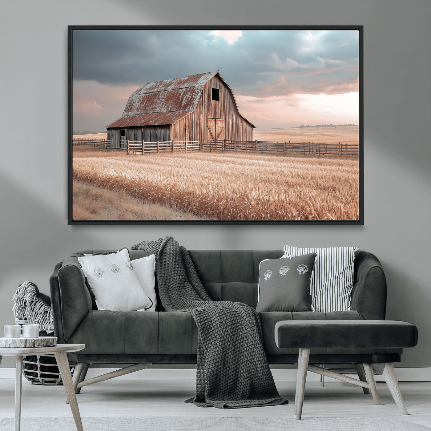 36878364-MGV-CV-36X24-Rustic Barn Wall Art Canvas Print – Framed Wheat Field Scene with Sunset Barn Artwork for Home, Office, Living Room