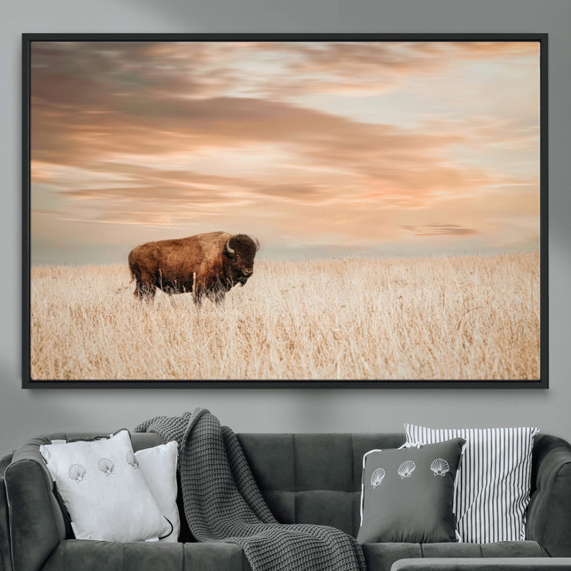87282289-MGV-CV-36X24-Bison Wall Art Canvas Print – Framed Buffalo Artwork, Western Prairie Scene Perfect Rustic Decor for Home, Office