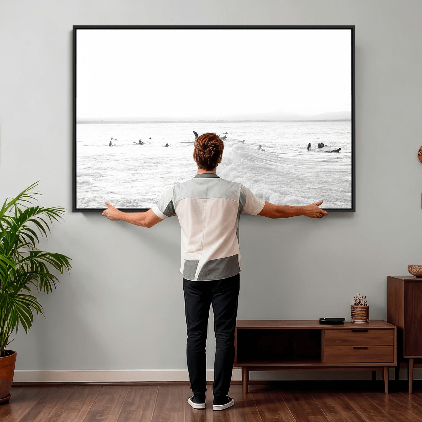 33449548-MGV-CV-36X24 - Surf Crowd Motion Wall Art – Active Surfers & Ocean Waves Canvas Print, Dynamic Water and Coastal Horizon for Living Room or Sea Adventure Decor