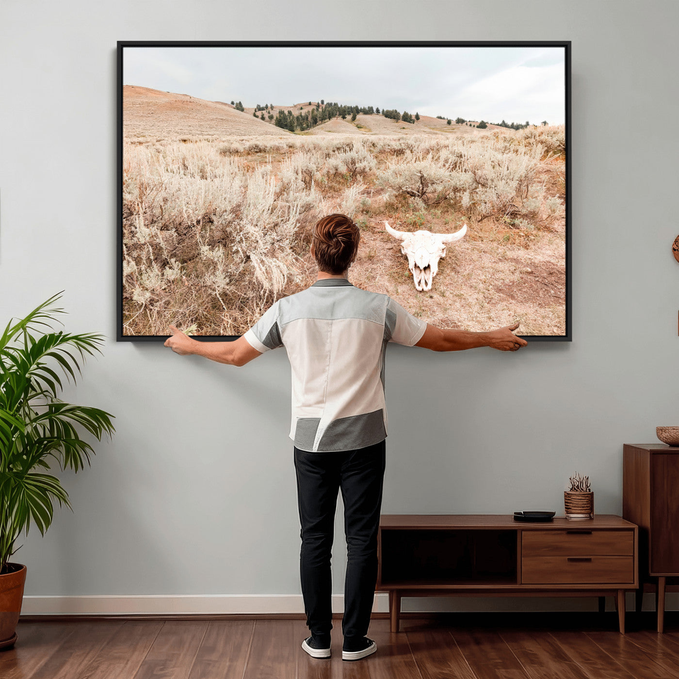 97234735-MGV-CV-36X24 - Desert Skull Wall Art – Arid Landscape & Sagebrush Canvas Print, Rustic Nature and Earth Tones for Living Room or Minimalist Decor
