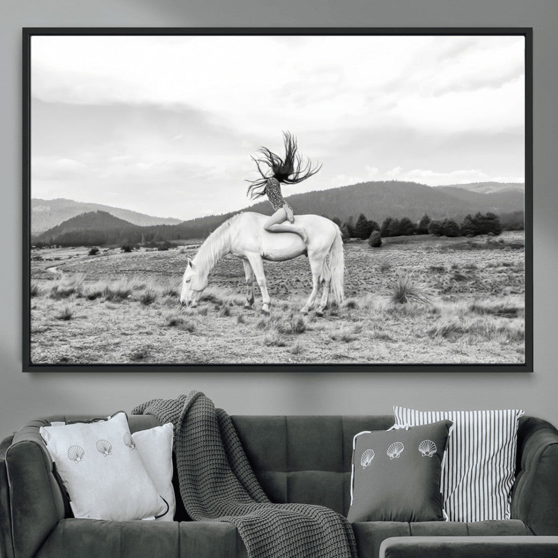 White Horse Wall Art Canvas Print, Framed Woman Rider Equestrian Western Boho Art