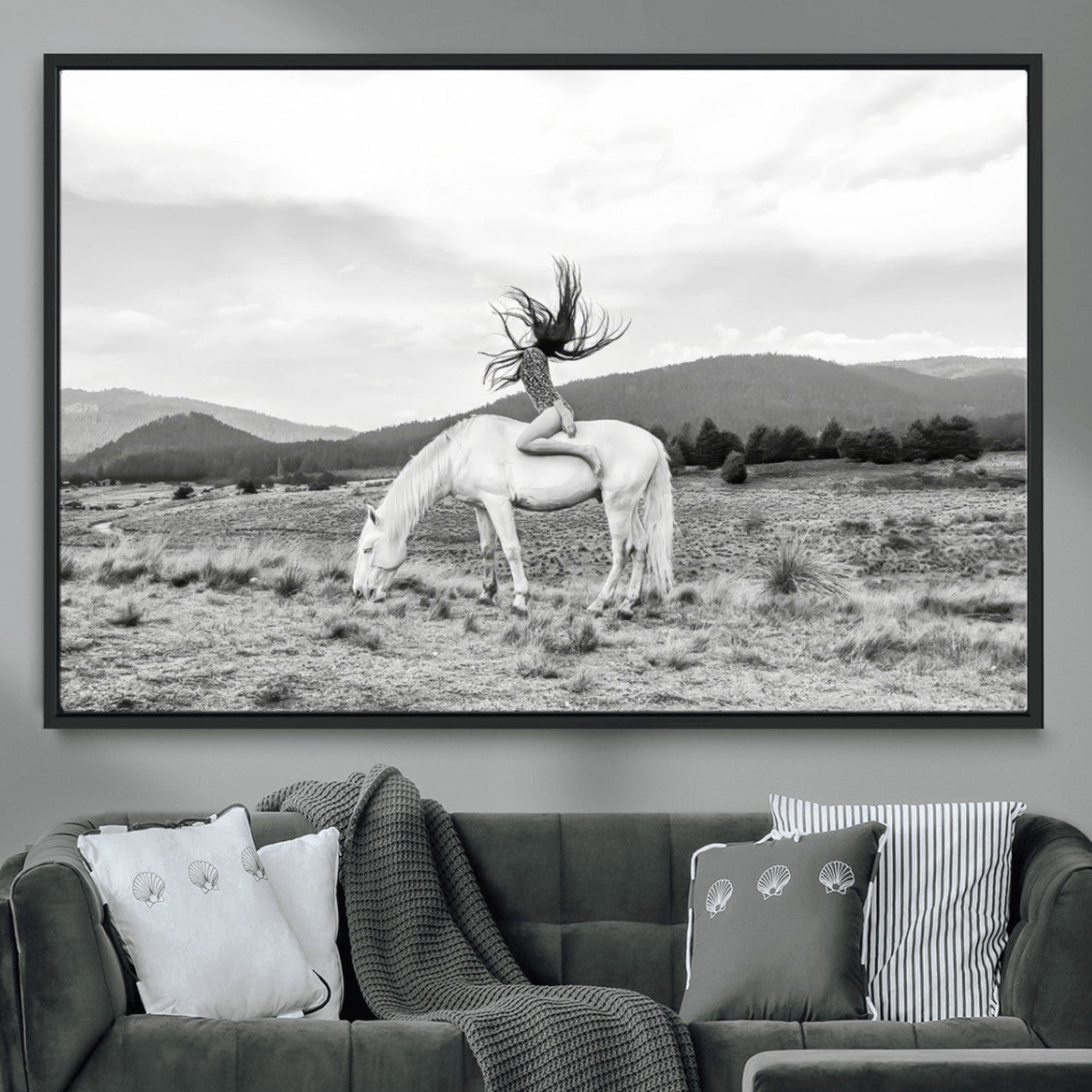 62789800-MGV-CV-36X24-White Horse Wall Art Canvas Print – Framed Woman Rider Equestrian Pose Western Boho Elegant Artwork for Home Office