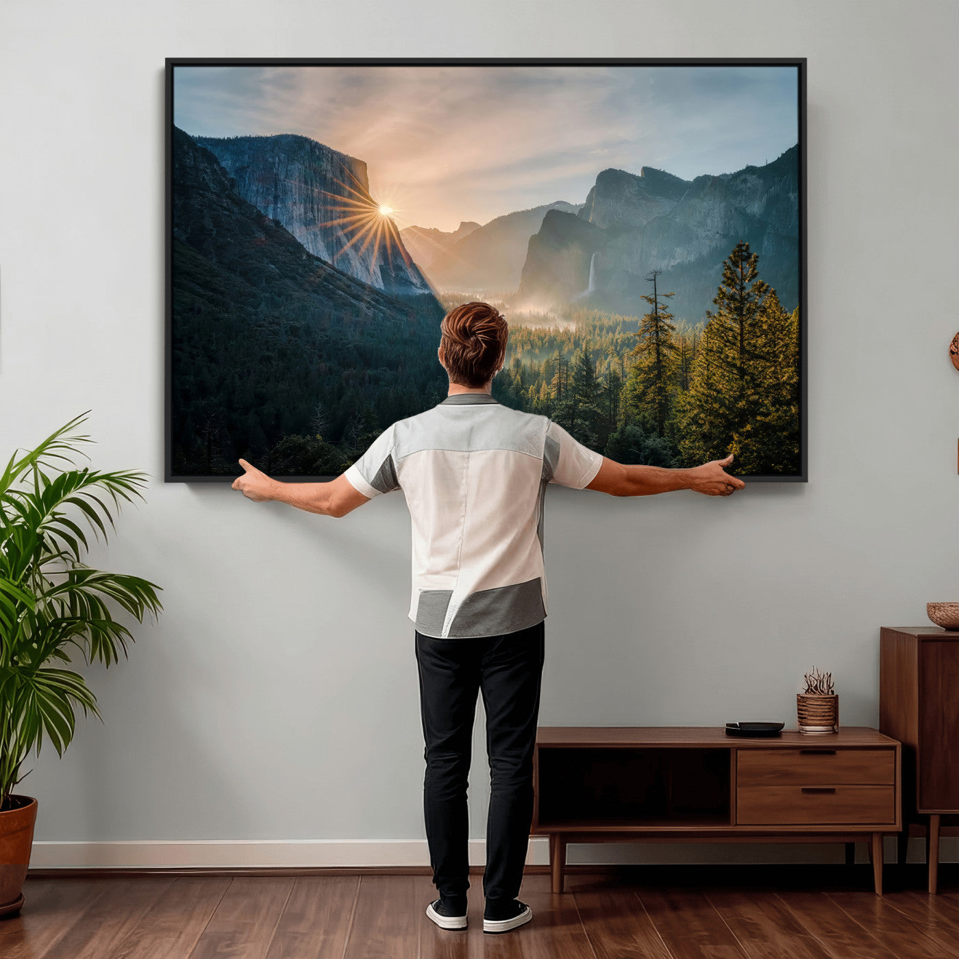 51605481-MGV-CV-36X24 - Yosemite Valley Wall Art – Misty Forest Peaks Canvas Print, Radiant Light, Tranquil Nature Landscape for Living Room or Cabin Decor