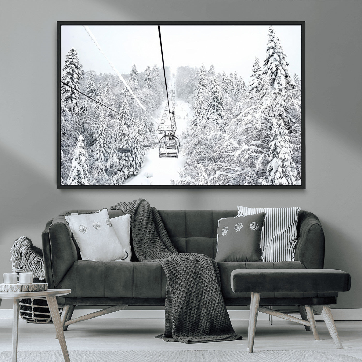 44705668-MGV-CV-36X24-Snowy Ski Lift Wall Art – Framed Winter Mountain Canvas Artwork, Serene Forest Design, Modern Nature Decor for Home, Office