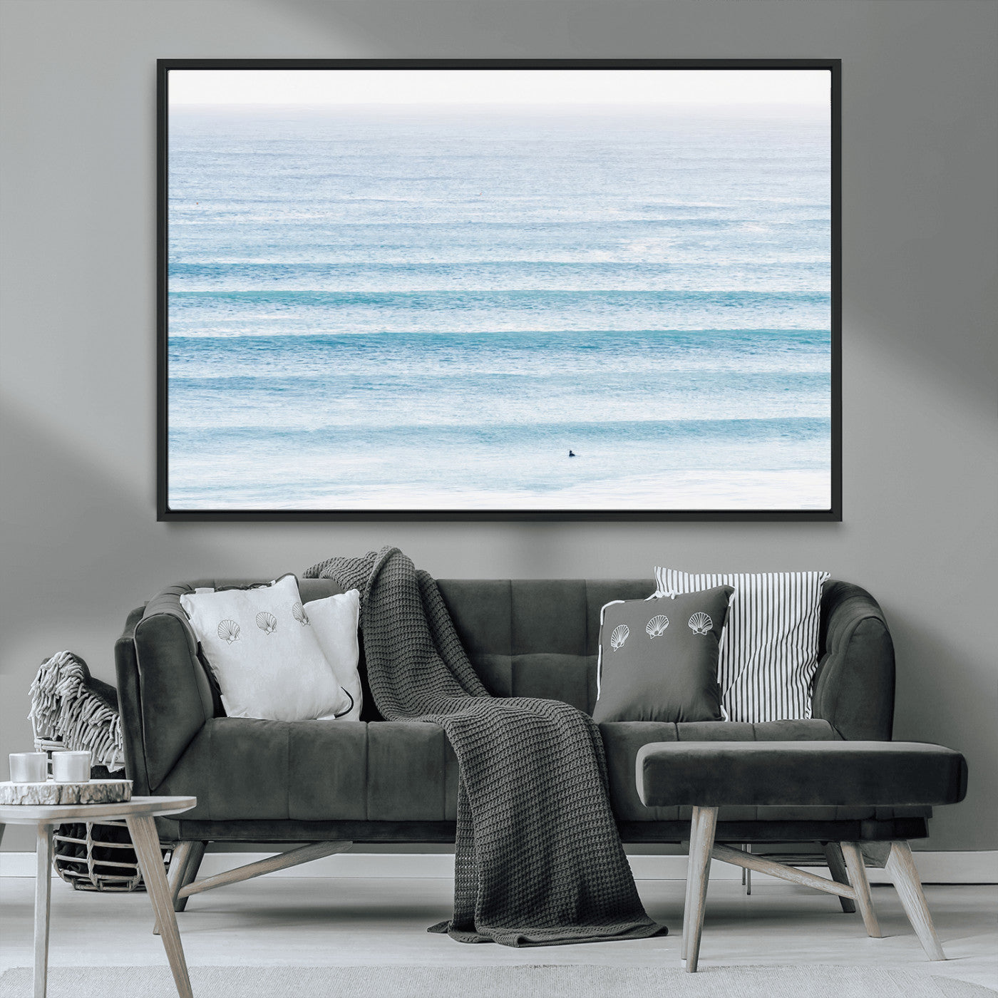 MGV-FC-36X24 - Ocean Simplicity Wall Art Canvas Print, Framed Surfer on Water Art Picture Print, Light Blue Perfect Coastal Minimalist Decor Artwork