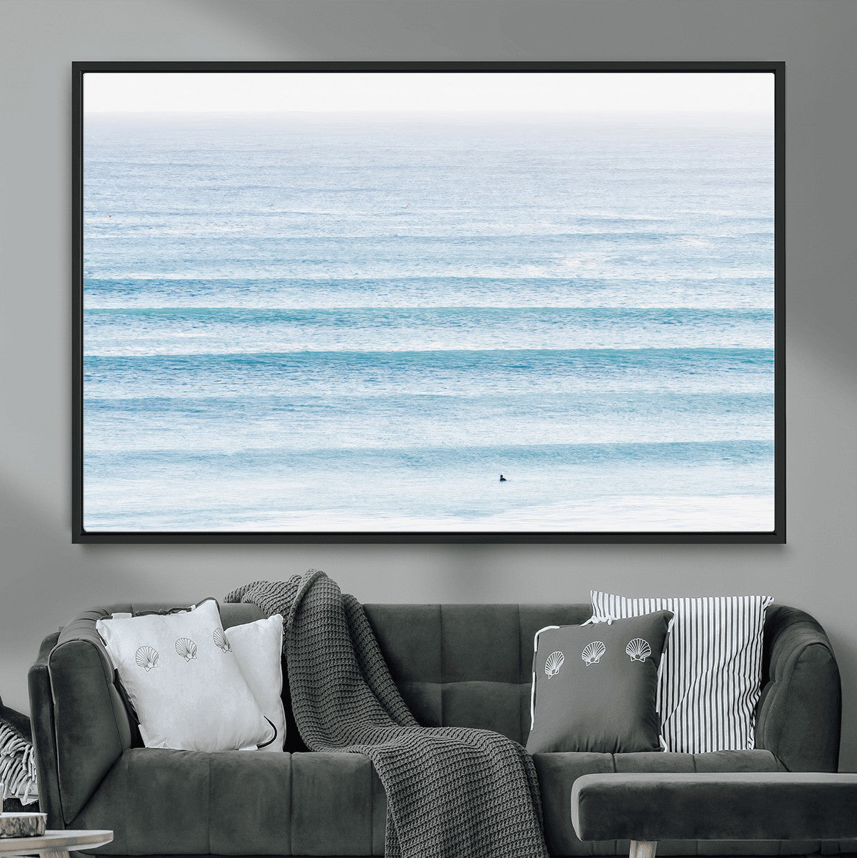 77145995-MGV-CV-36X24-Ocean Wave Surfer Wall Art – Framed Minimal Seascape Canvas Artwork, Calm Blue Water Design, Coastal Decor for Home, Office